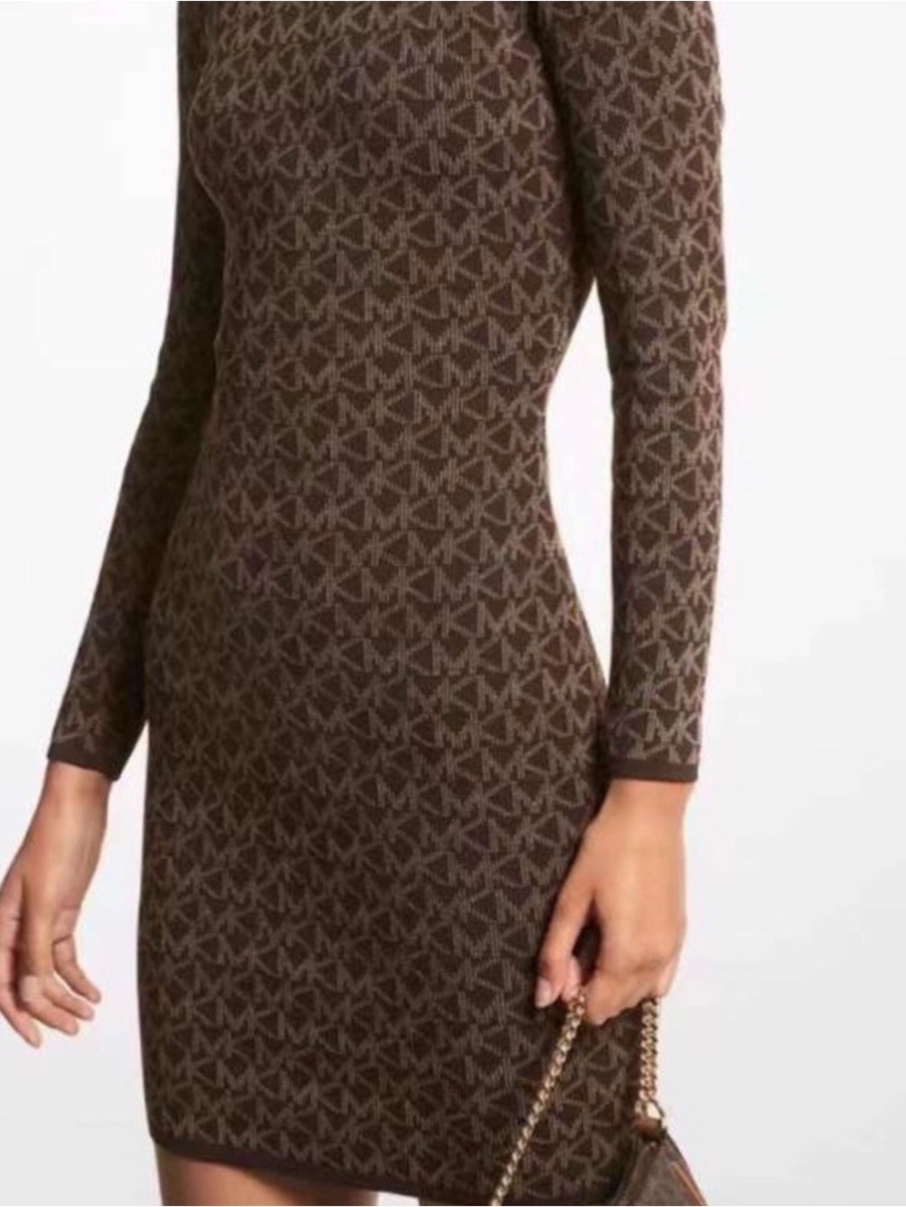 Michael Kors Brown Logo-Print Long-Sleeve Knit Dress